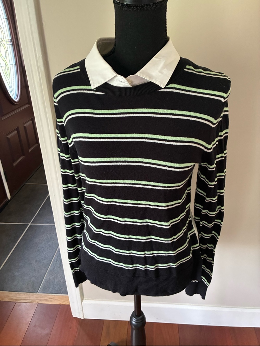 Veronica Beard Black Sweater with Mint Green and White Stripes